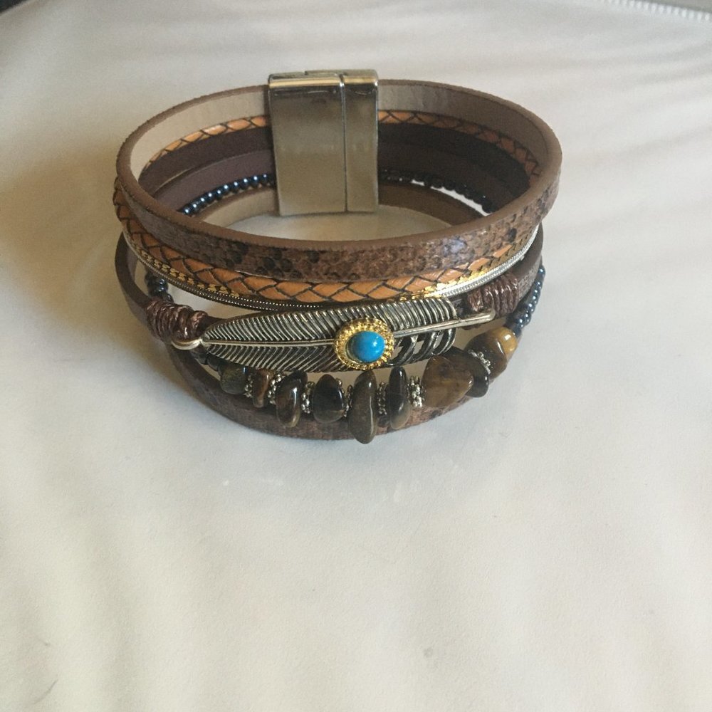 Bohemian Turquoise Silver Leaf Snakeskin Bead Multilayer Wrap Bracelet - Picture 3 of 7